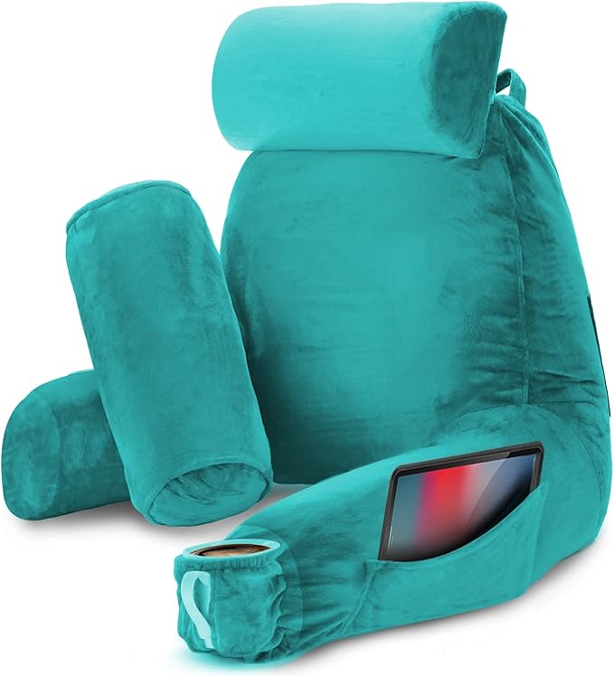 Nestl Reading Pillow with Shredded Memory Foam Includes 2 Neck and Lumber Support Pillows, Designed for Sitting Up in Bed and Couch, Back and Arms Adjustable Support for Adult & Teens, Teal