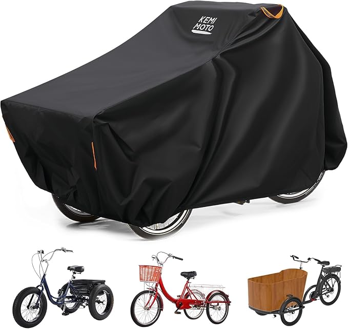 KEMIMOTO Bike Cover Outdoor, 420D Heavy Duty Trike Covers Larger Cargo Bicycle Rain Covers Storage Waterproof UV Protection Windproof Folding, Ebike Tarp for Adult Tricycles, Cargo 3 Wheel Bikes