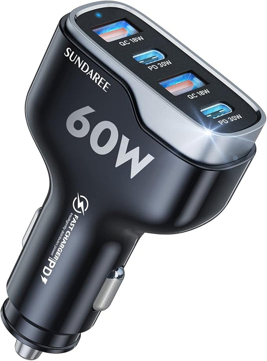 Car Phone Charger, SUNDAREE 60W 4 Ports USB c Car Charger Fast Charging Cigarette Lighter Adapter, Dual QC 3.0 18W & PD 30W Charger Compatible with iPhone 14 13 12 11 Pro, Samsung