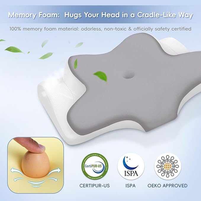 Cervical Neck Pillow, Memory Foam Pillows for Neck & Shoulder Pain Relief, 2 Heights Ergonomic Pillow with Breathable Ice Silk Cover, Neck Support Pillow for Stomach Sleepers Grey