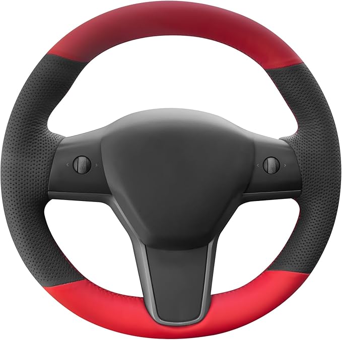 MEWANT Hand Stitch Black Red Faux Leather Steering Wheel Cover Wrap for Model Y 2020-2023 Tesla Model 3 2017-2023