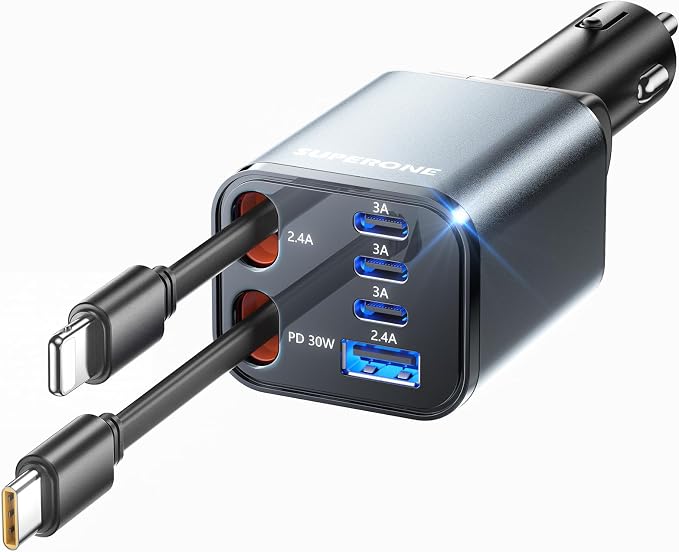 Upgraded SUPERONE Retractable Car Charger, [Ultra-Compact] 6-Port Car Charger USB C, iPhone Car Chargers Fast Charging with USB C & Apple Cable, RV Power Adapter for iPhone 17/16/15/14/13/12