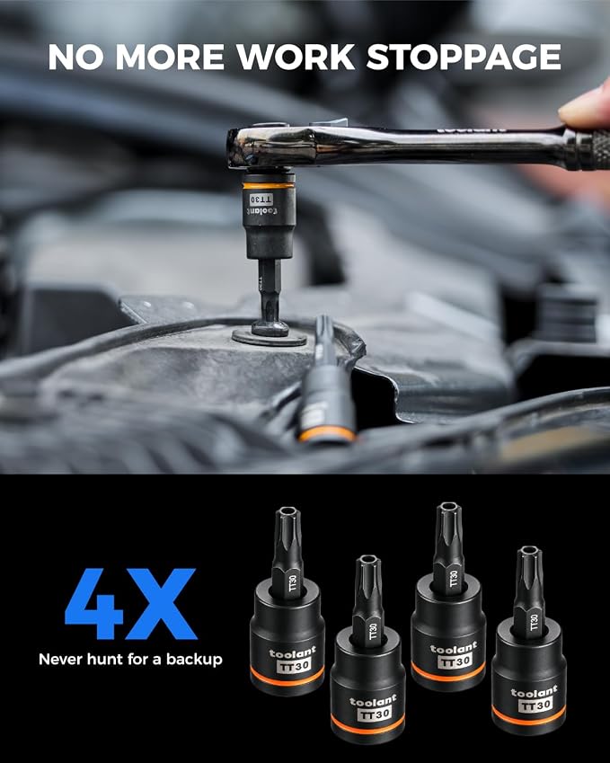 toolant Torx T30 Impact Bit Socket Set 4pcs, 3/8" S2 Steel Air Drive Star Sockets, Long High Impact Bits, Professional Mechanic & Automotive Repair Socket Set