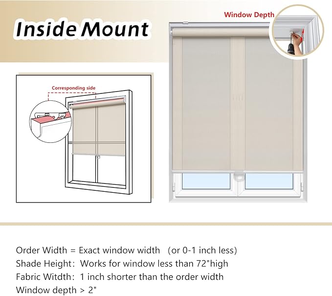 AOSKY Cordless Roller Shades for Windows Light Filtering Shades with 5% Openness Solar Screen Semi Sheer Roller Blinds UV Protection for Office and Home. Easy to Install 37" W x 72" H (Beige)