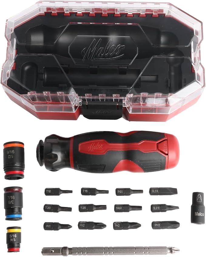 Malco KITFB2 C-RHEX 7-in-1 Flip Bit Socket Set with Premium Grip Storage Handle & Case – 6 Cleanable Reversible Hex Sizes (1/4"-9/16"), 12 Impact-Rated Bits, Insert Bit Socket