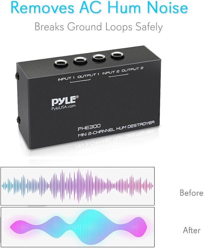Pyle Compact Mini Hum Eliminator Box - 2 Channel Passive Ground Loop Isolator, Hum Killer PHE300 & Hosa CPP-204 Dual 1/4" TS to Dual 1/4" TS Stereo Interconnect Cable, 4 Meters