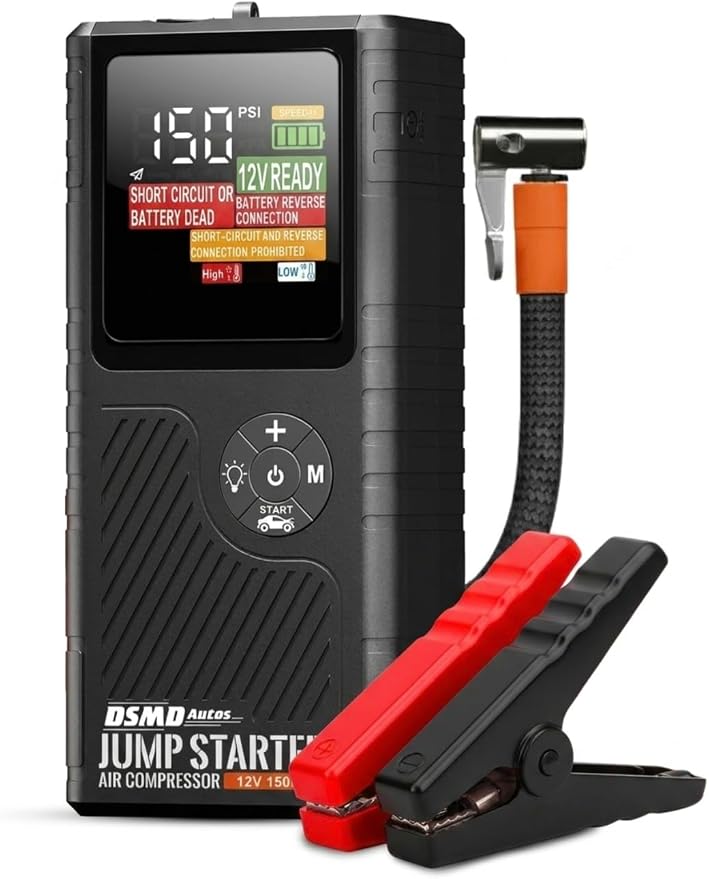 Jump Starter with Air Compressor, Portable Car Battery Booster for Dead Batteries, 150 PSI Tire Inflator – Starts Up to 6.5L Gas / 3.5L Diesel Engines, Power Bank, LED Display – DSMDAutos