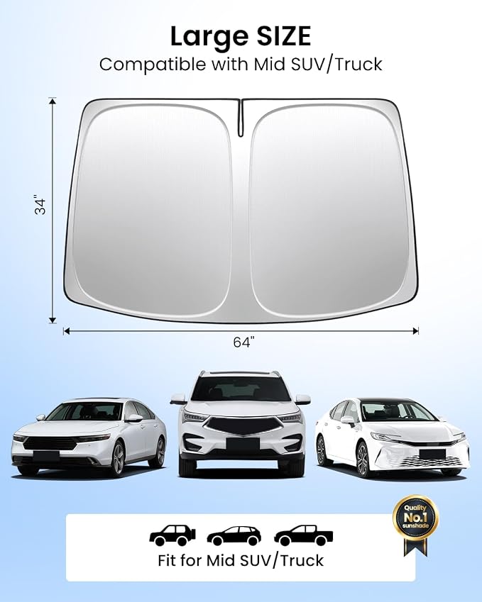 REEVAA 2026 3rd Pro Windshield Sunshade for Mid SUV/Truck | L (64 × 34 Inches) | Dual-Layer Heat & Sun Defense, OEM Design | Foldable Sun Shade Car Accessories with Storage Bag