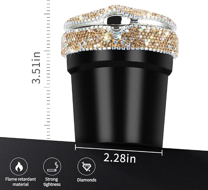 eing Car Ashtray Portable Bling Cigarette Smokeless Cylinder Cup Holder with Blue LED Light Indicator and 2 Replacement Batteries,Car Accessories for Women,Ideal for Car,Home and Office,1-Pack Gold