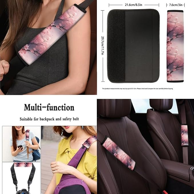 Cherry Blossom Hand Drawing Car Seat Cover Full Set 13 Pcs Front Back Seat Cover Pink Flower Art Painting Steering Wheel Cover,Seatbelt Pad Keychain Coaster