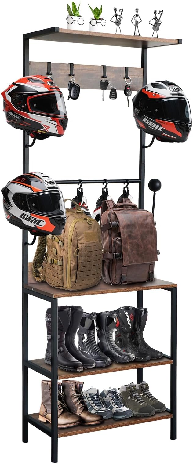 Motorcycle Helmet Holder, Floor Mounted Stand Helmet Holder with 4 Helmet Rack, 4 Glove Chips and 4 Hooks, Rustic Motorcycle Helmet Rack for Motorcycle
