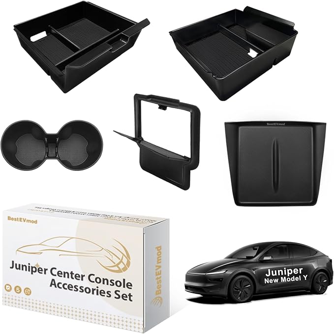 BestEvMod 5PCS Center Console Organizer Compatible with 2026 2025 Tesla New Model Y Juniper Accessories ABS Slide Smoothly Cup Holder Insert Wireless Charger Mat Silicone (Black) Not fit Standard