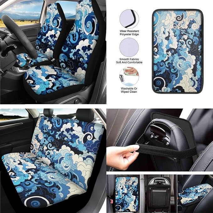 The Great Wave Off Kanagawa Pattern 13 Piece Car Seat Covers Retro Blue Swirl Wave Print for Women Steering Wheel Cover Cup Coasters Seat Belt Pads Cover