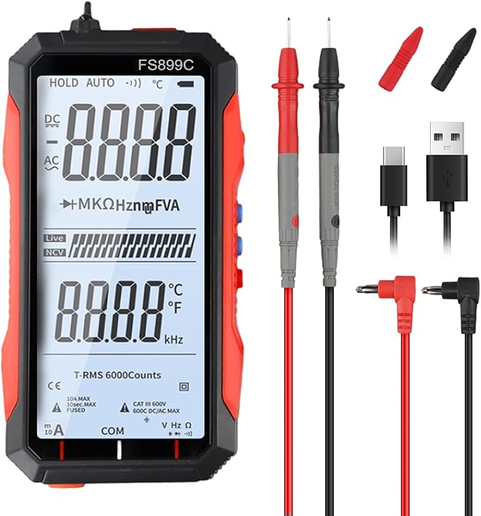 Digital Multimeter With USB Charging Capability Digital Multimeter Fully Automatic Digital-Display FS899L Color Screen For Accurate Electrical Measurements Including Voltage Current Readings(FS899C)