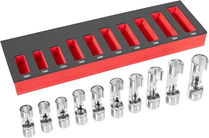 12030 Flare Nut Socket Set, 3/8" Square Drive Diesel Injector Fuel Line Socket Wrench Set, 10mm-19mm (10PCS)