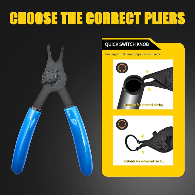12-Piece Versatile Snap Ring Pliers Set, Internal/External Retaining Ring Pliers with 4 Tip Sizes (0.038/0.047/0.070/0.090in), Heavy Duty Convertible Fixed Tip for Automotive & Machinery