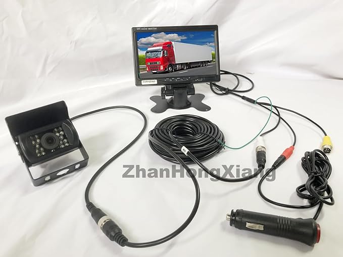 AHD 1080P Vehicle Backup Camera with Monitor Kit,18LED IR Night Vision 4 Pin Reverse Rear View Mirror Camera + 7" Car LCD Monitor Parking System 12V-24V with 49ft Cable for Long Bus Truck Trailer RV