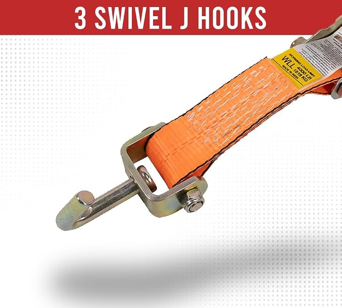 Mytee Products 2" x 9' Over The Tire Wheel Straps with Swivel J Hooks and Rubber Blocks for Car Haulers - High Abrasion Orange Webbing - Car Tie Down Ratchet Straps Truck Trailer Auto Tie Down