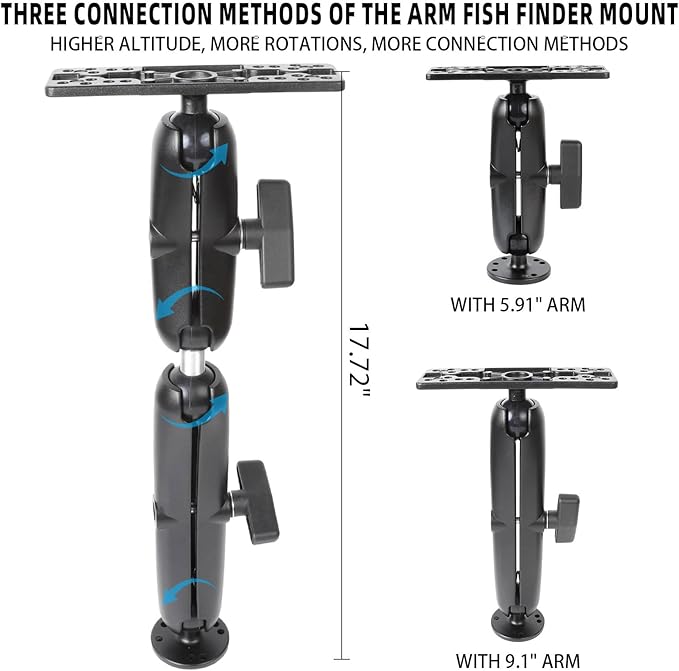1.5" Ball Lengthened Arm Fish Finder Mount with Double Arms, Aluminum Alloy Marine Electronic Mount, Round Base with 1.5 inches / 38mm / C Size Ball, Compatible with Garmin, Lowrance, Humminbird More