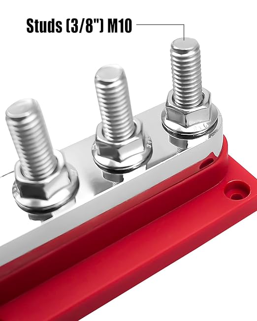 GMURA Bus Bar Terminal Block 12-48V 600A Max, 4 M10 Studs (3/8") High Current Copper Busbar Terminal Block with Waterproof Cover, Marine Heavy Duty Bus Bar Power Distribution Block, Red