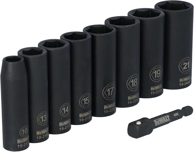 DEWALT 3/8 Impact Socket Set, 9 Pcs Deep Metric Socket Set, 6 point, 10 mm to 21 mm, Includes 1/4 inch Adapter, for Cordless and Corded Impact Drivers and Wrenches (DWAFSMSET9)