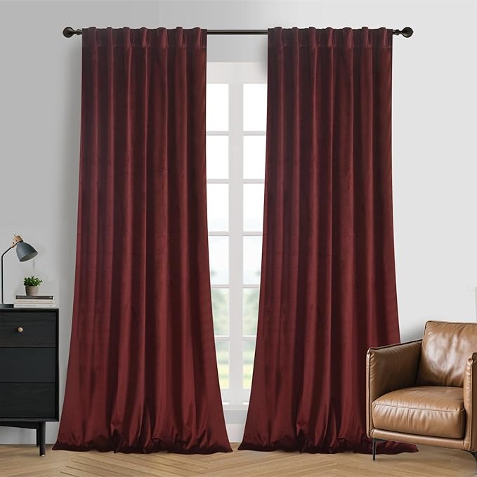 Roslynwood Luxury Soft Ruby Wine Velvet Curtains 72 inches Long Back Tab Thermal Insulated Blackout Window Drapes for Living Room/Bedroom/Dining Room, W52 x L72, 2 Panels