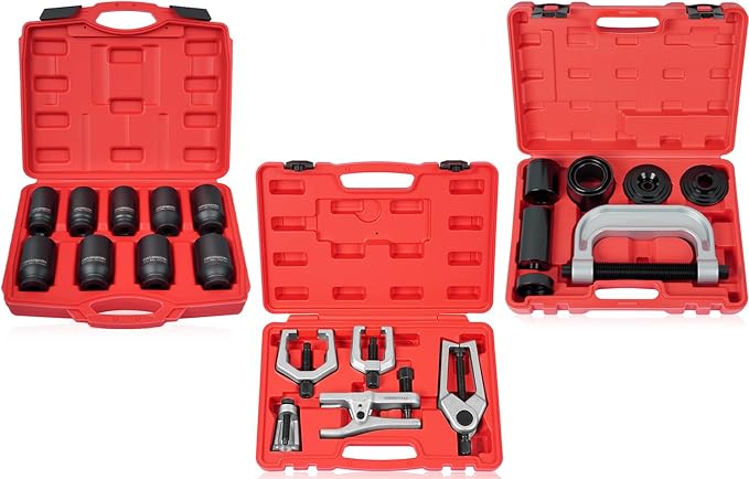 DAYUAN 9 Pcs Axle Nut Hub Impact 1/2" Drive Socket Bundle with Ball Joint Press & U Joint Removal Tool Kit Bundle with 5pcs Professional Front End Service Tool Kit