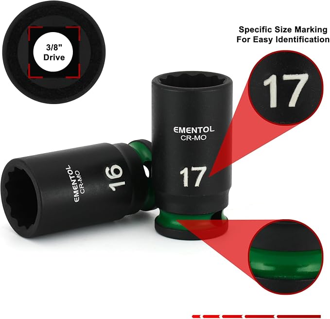 EMENTOL 3/8" Drive Impact Socket Set, Semi-Deep Sockets, 13 Pieces, Metric (7-19mm), 12 Point, CR-MO, Stamped and ink filled