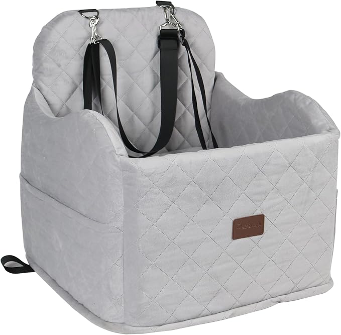 Juniverse Dog Booster Car Seat for Small to Medium Dogs Up to 30 lbs, Memory Foam, Washable Velvet Fabric Cover, Safety Leash, Storage Pockets, 19x19x19 Inches (Gray)
