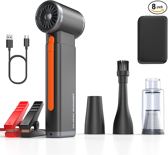 Portable Car Battery Jump Starter 6000A Jumper Box Combo Compressed Air Duster & Vacuum Cleaner Function, 12V Battery Charger Booster Power Pack with Turbo Fan, 3-Speed Blower for Snow/Leaves/Dust