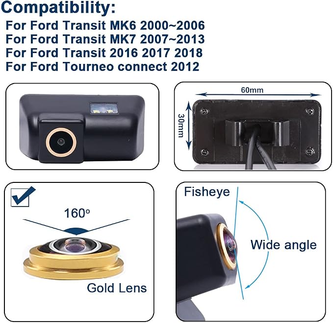 Caros Fisheye 1280x720 Pixels car Backup Camera Reverse Parking Rear View Replacement for Ford Transit MK6(2000-2006) Ford MK7(2007-2013) Tourneo Connect 2012