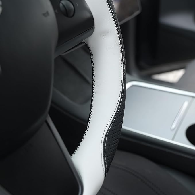 MEWANT Hand Stitched Steering Wheel Cover for Tesla Model 3 2017-2023 Model Y 2020-2023 Black White Microfiber Leather Custom Fit DIY Wrap Interior Accessories