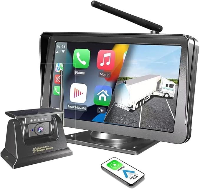 Wireless Solar Bluetooth Back up Rear View Camera for Truck,7" Apple Carplay Android Auto Touch Screen Monitor,Solar Magnetic Reverse Camera for Truck RV Cargo Trailer Camper Pickup