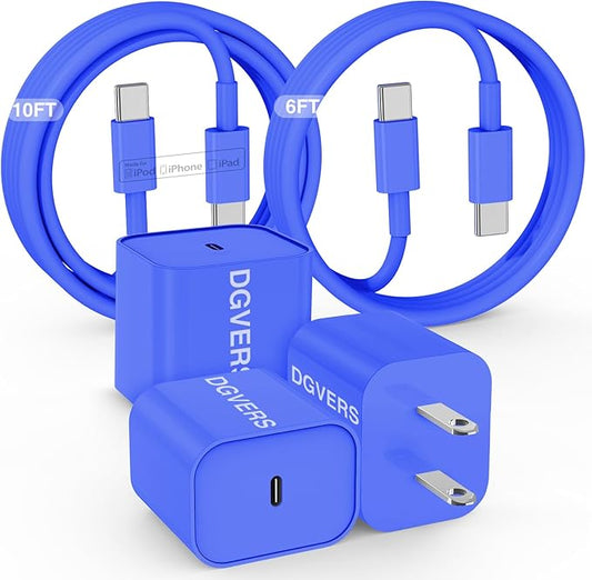 Fast Charger for iPhone 17 16 15 Charger Fast Charging, 6+10ft USBC to USBC Cable Cord &20W Type C Block for iPhone 17 Air, 16e, 17 16 15 (Pro Max/Pro/Plus), iPad Pro/Air/Mini, Blue