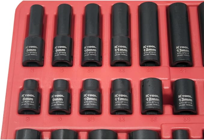 K Tool International 37042 SAE and Metric Impact Socket Set with 3/8" Drive for Garages, Repair Shops and DIY, 6-Point, Heat-treated, Chrome-moly Steel, Laser Engraved, Molded Case, 42 Piece