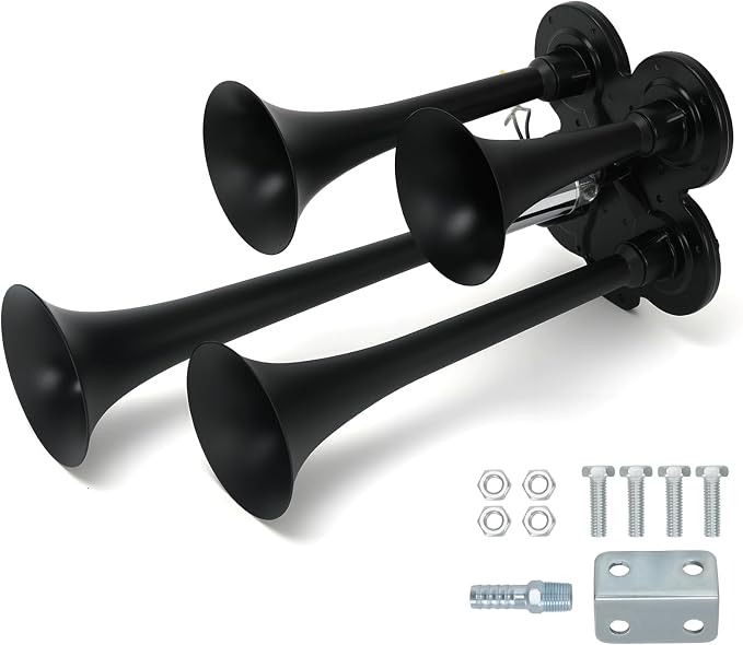 PTNHZ Double Row 4 Trumpet Air Horns Kit w/Electric Solenoid & Mounting Hardware 12V/24V Super Loud 178dB Universal for Pickup Car Jeep SUV Train Boat(Black)
