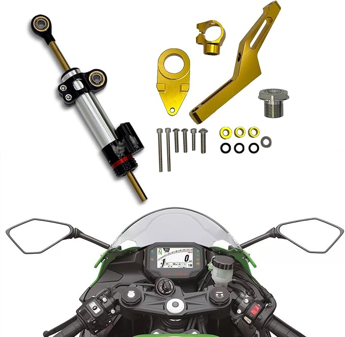 steering damper for Kawasaki Ninja ZX-6R ZX6R ZX636 2013-2025,steering shock absorber made of CNC Aluminum#steering stabilizer#Mounting bracket（gold）