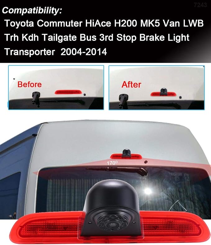 HD Brake Light Roof Rear View Reversing Camera Parking Aids with Angle Adjustable Compatible with Toyota Commuter Hiace H200 MK5 Van LWB TRH KDH Tailgate Transporter (Reversing Camera)