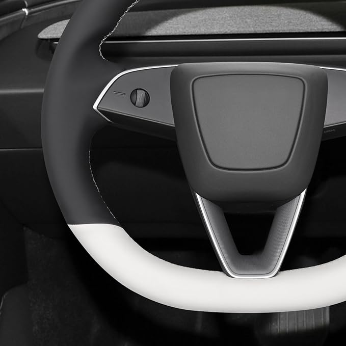 MEWANT Hand Stitch Black White Faux Leather Steering Wheel Cover Wrap for Tesla Model 3 Highland 2025 Model Y Juniper