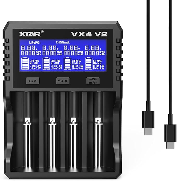 XTAR VX4 V2 Smart Battery Charger with LCD Screen, 1.5V & 1.2V AA AAA Rechargeable Batteries Tester, Multi-Slot Universal Battery Analyzer for 3.6V 3.7V Batteries （Not Included Any Batteries）