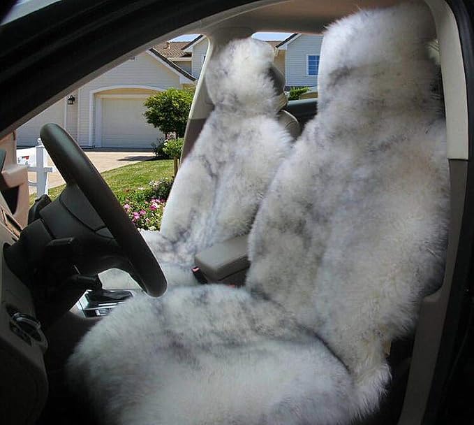 Winter Warm Authentic Australia Sheepskin Car Seat Cover Luxury Long Wool Front Seat Cover Fits Most Car, Truck, SUV, or Van (Grey Tips)
