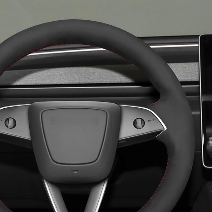 MEWANT DIY Hand Stitch Black Suede Steering Wheel Cover for Tesla Model 3 Highland 2023-2025 Tesla Model Y Juniper 2025