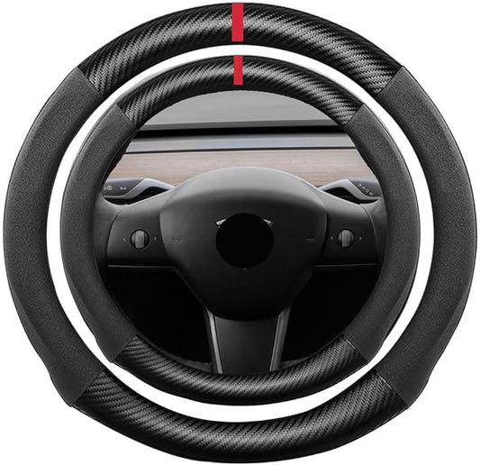 Suede Carbon Fiber Steering Wheel Cover, Compatible with Tesla Model 3 Model Y 15 inch Soft SuedeTouch Leather Sport Non-Slip Automotive Interior Accessories