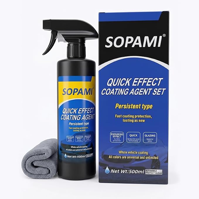 Sopami Ceramic Spray Coating, High Shine Car Wax, 3-in-1 Car Detailer | Waterless Car Wash, Long-lasting Hydrophobic, High Gloss Shine, for Window Glass, Wheels, Trim,17.5 oz with Towel (Pack of 1)