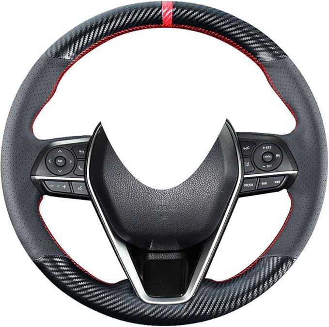 DIY Stitching Carbon Fiber Steering Wheel Cover for Toyota RAV4 SUV Avalon 2019-2021 / for Toyota Camry 2018-2021 / for Corolla 2020 2021 15 inches Black Leather Interior Accessories