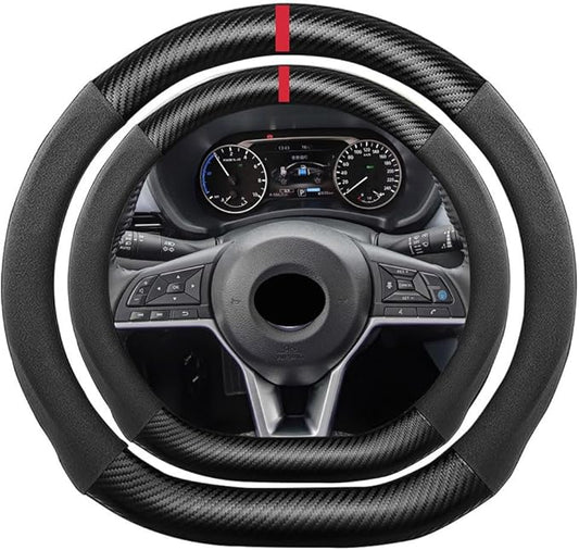 D Shape Suede Carbon Fiber Steering Wheel Cover, Compatible with Nissan Versa Altima Maxima Kicks Rogue Pathfinder 15 inch Flat Bottom Suede Leather Sport Non-Slip Interior Accessories