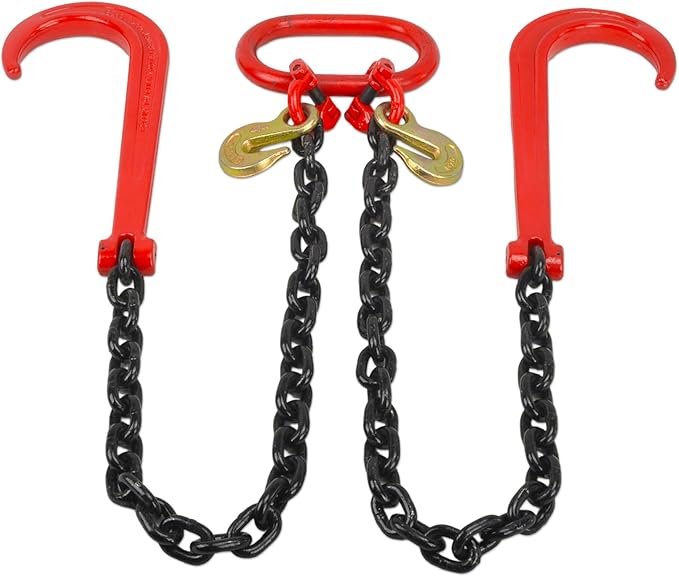 3/8" Grade 80 V-Type Transport Tow Chain w/15 J-Hooks 3 Ft Long Shank Legs for Flatbed Truck Tie Trailer Tractor Car Wrecker Tow Chain,7100 Lbs Working Load Limit,G80 Steel Bridle,Black+Red