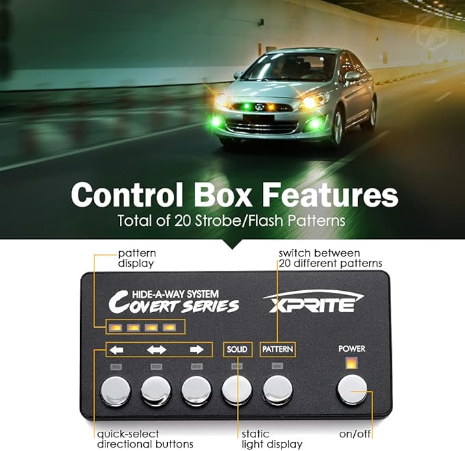 Xprite Amber Green LED Hideaway Strobe Lights Kit 20 Flashing Patterns w/Control Panel Headlights Taillights Fog Marker Light Mounting, for Roadside Emergency Vehicles Trucks SUV Vans 12V Cars 4 PCs