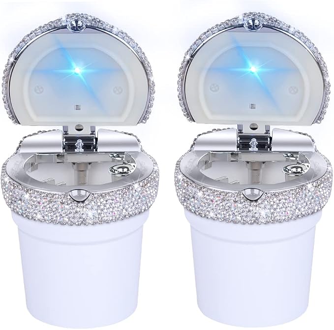 eing Car Ashtray Portable Bling Cigarette Smokeless Cylinder Cup Holder with Blue LED Light Indicator,Car Accessories for Women,Ideal for Car,Home and Office,2 - Pack White