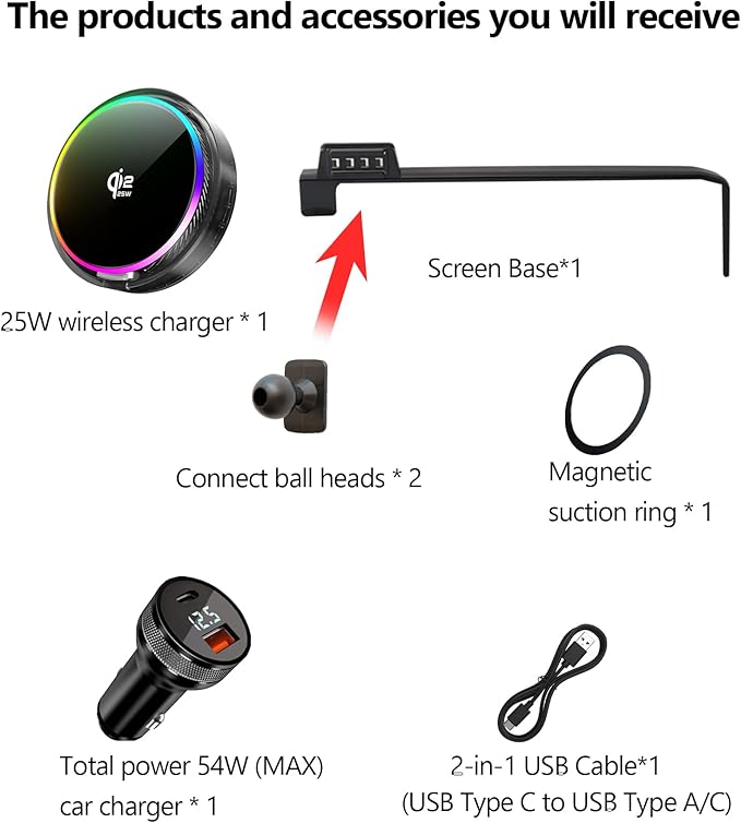 Qi2.2 25W Magnetic Car Mount Charger for 2025 2026 KIA Carnival/Carnival EV Accessories, for Fast Charging Cell Phone Holder 12.3 Inch Screen Fixed Clip with Cooling Fan＆54W Fast Adapter